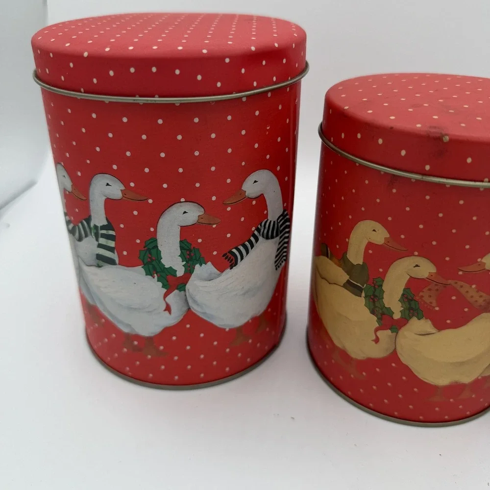 Vintage Farmhouse Duck Holiday Tin Canister Set White Polka Dot Kitchen‎ Storage